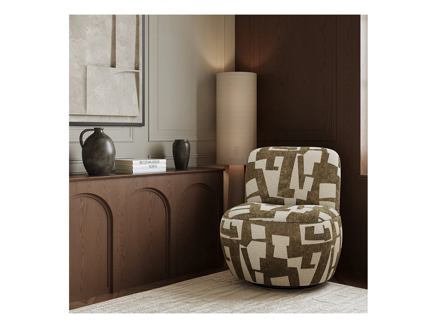 Fauteuil de salon pivotant tissu texturé à motif kaki JENA