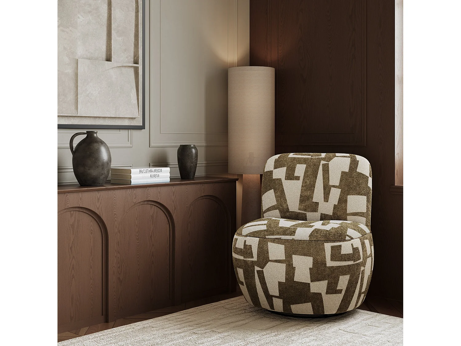 Fauteuil de salon pivotant JENA en tissu texturé à motif kaki 65x71cm