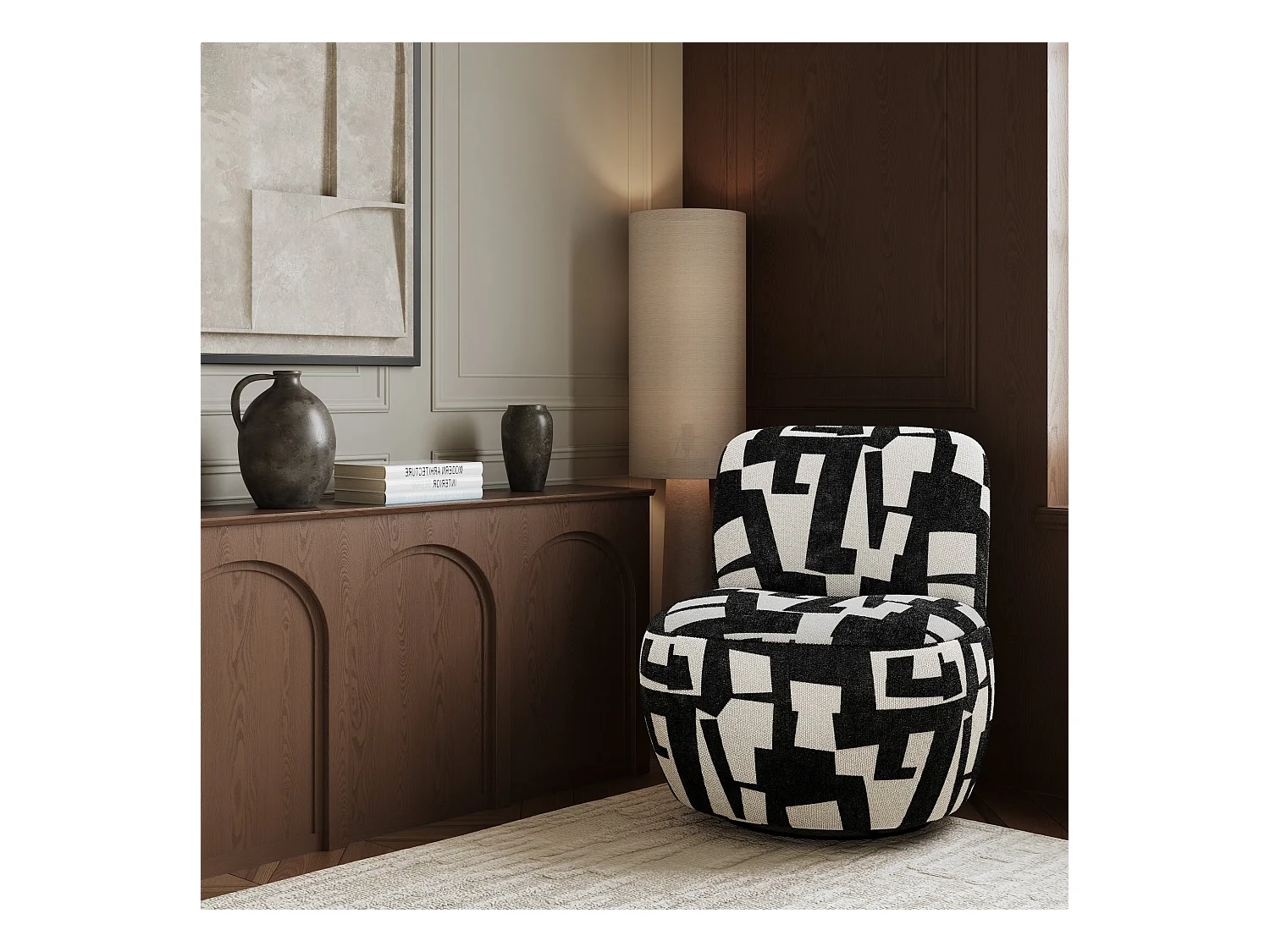 Fauteuil de salon pivotant tissu texturé à motif anthracite foncé JENA