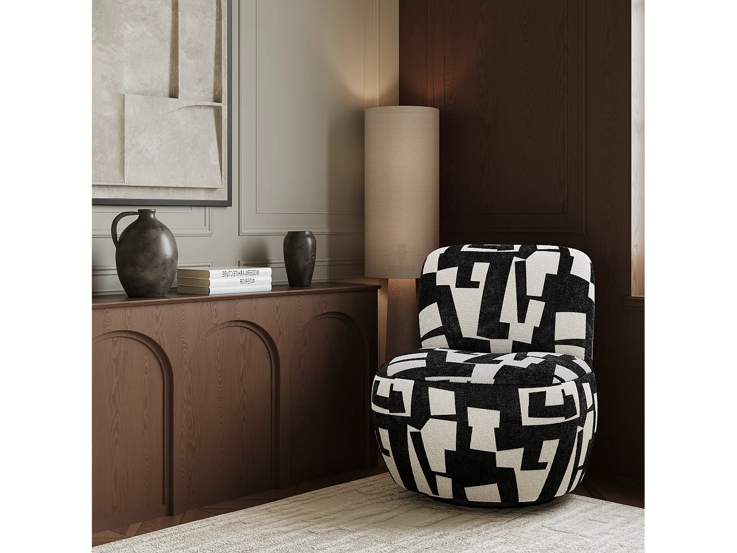 Fauteuil de salon pivotant JENA en tissu texturé à motif anthracite foncé 65x71cm
