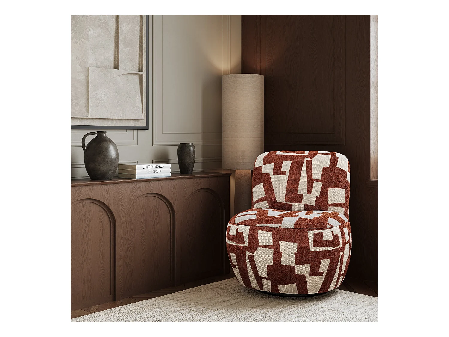 Fauteuil de salon pivotant tissu texturé à motif terracotta JENA