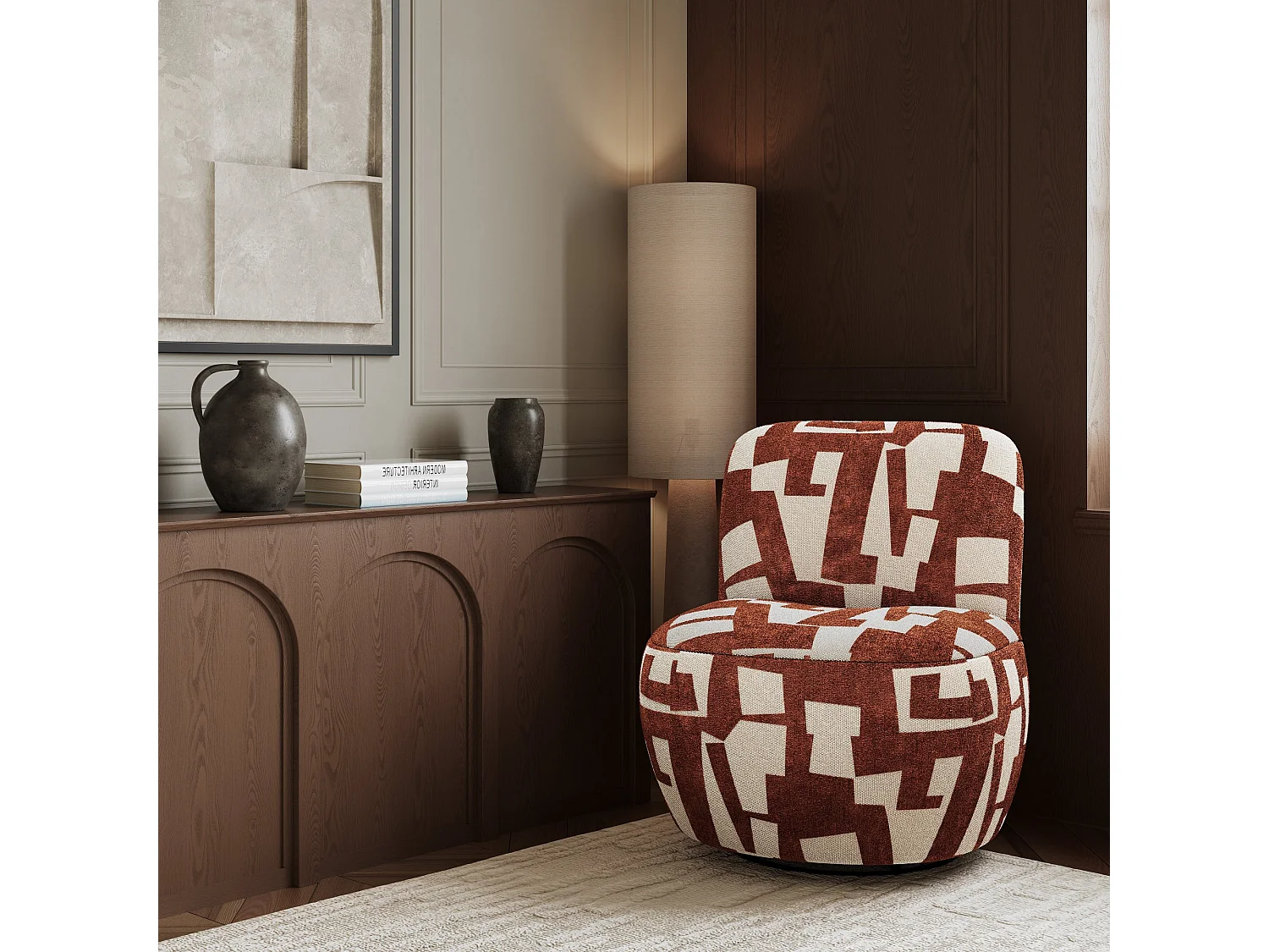 Fauteuil de salon pivotant tissu texturé à motif terracotta JENA