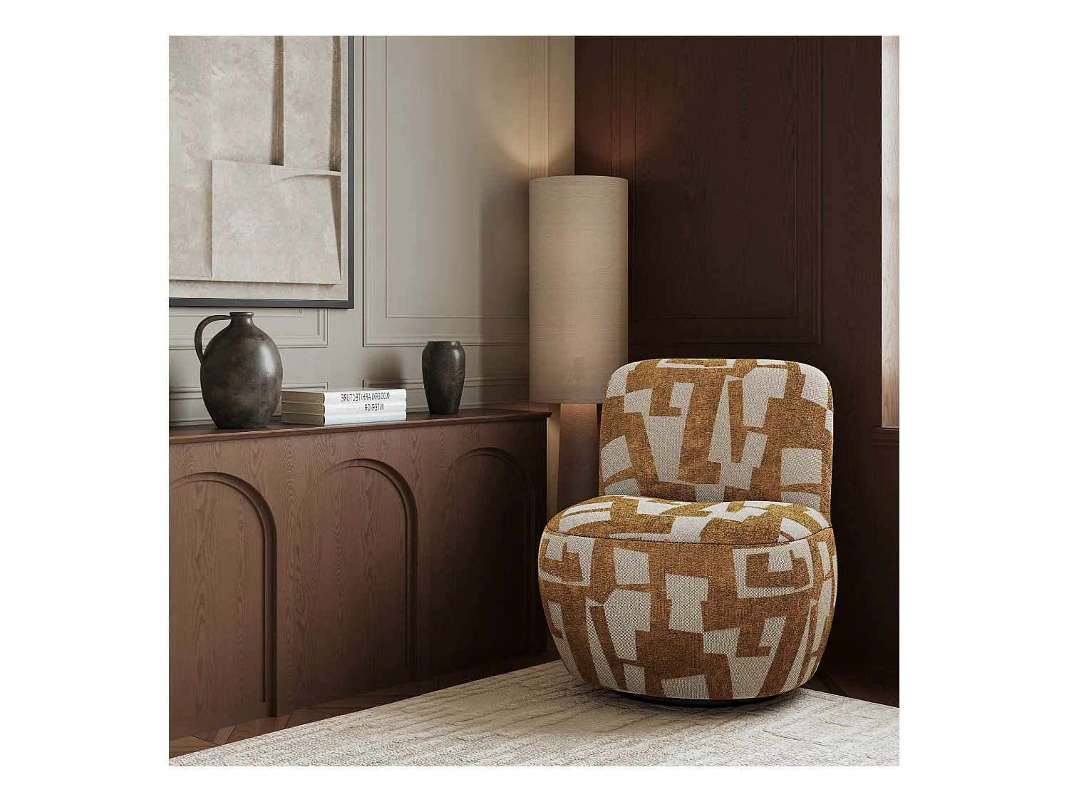 Fauteuil de salon pivotant tissu texturé à motif moutarde JENA