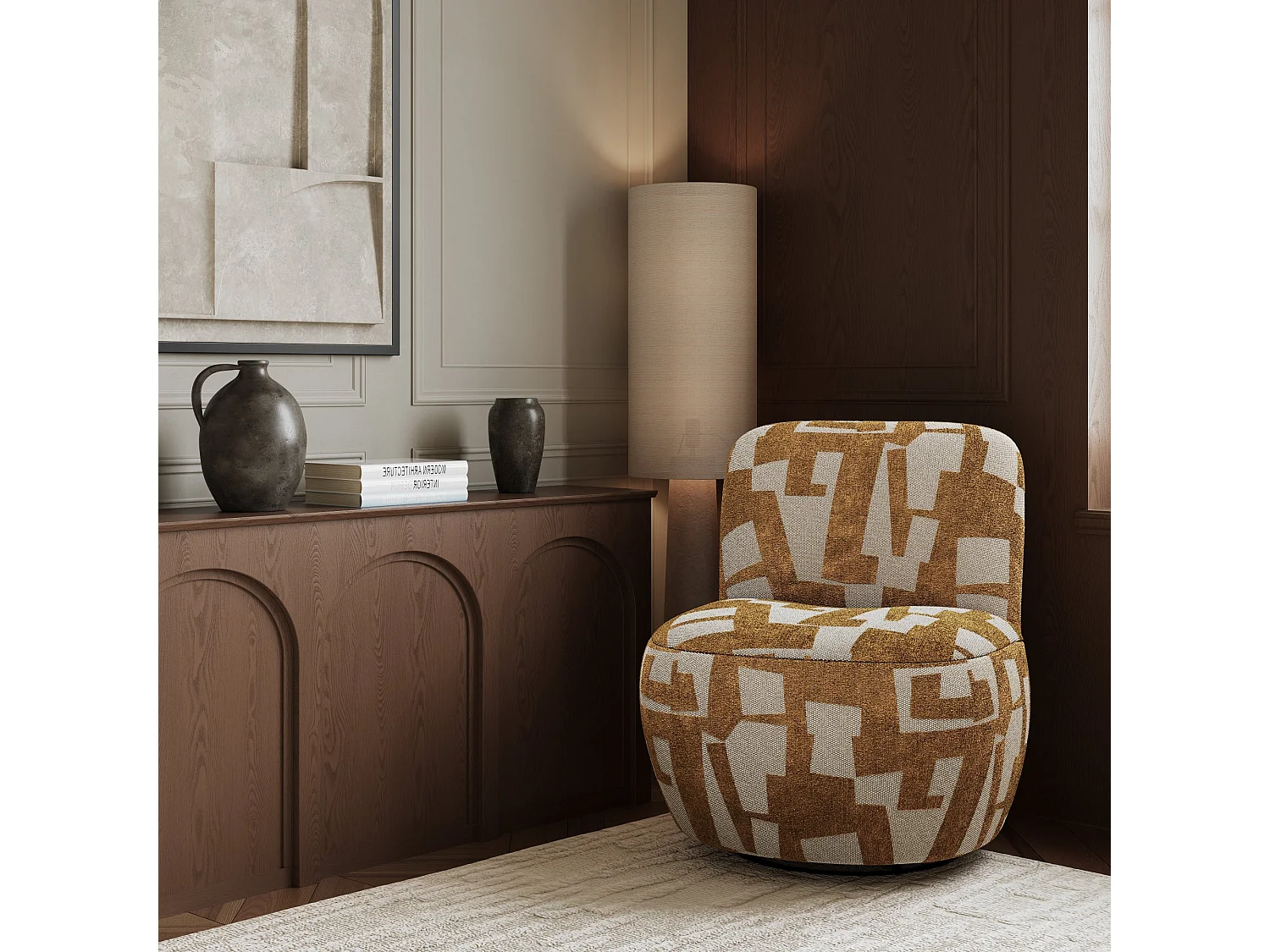 Fauteuil de salon pivotant JENA en tissu texturé à motif moutarde 65x71cm
