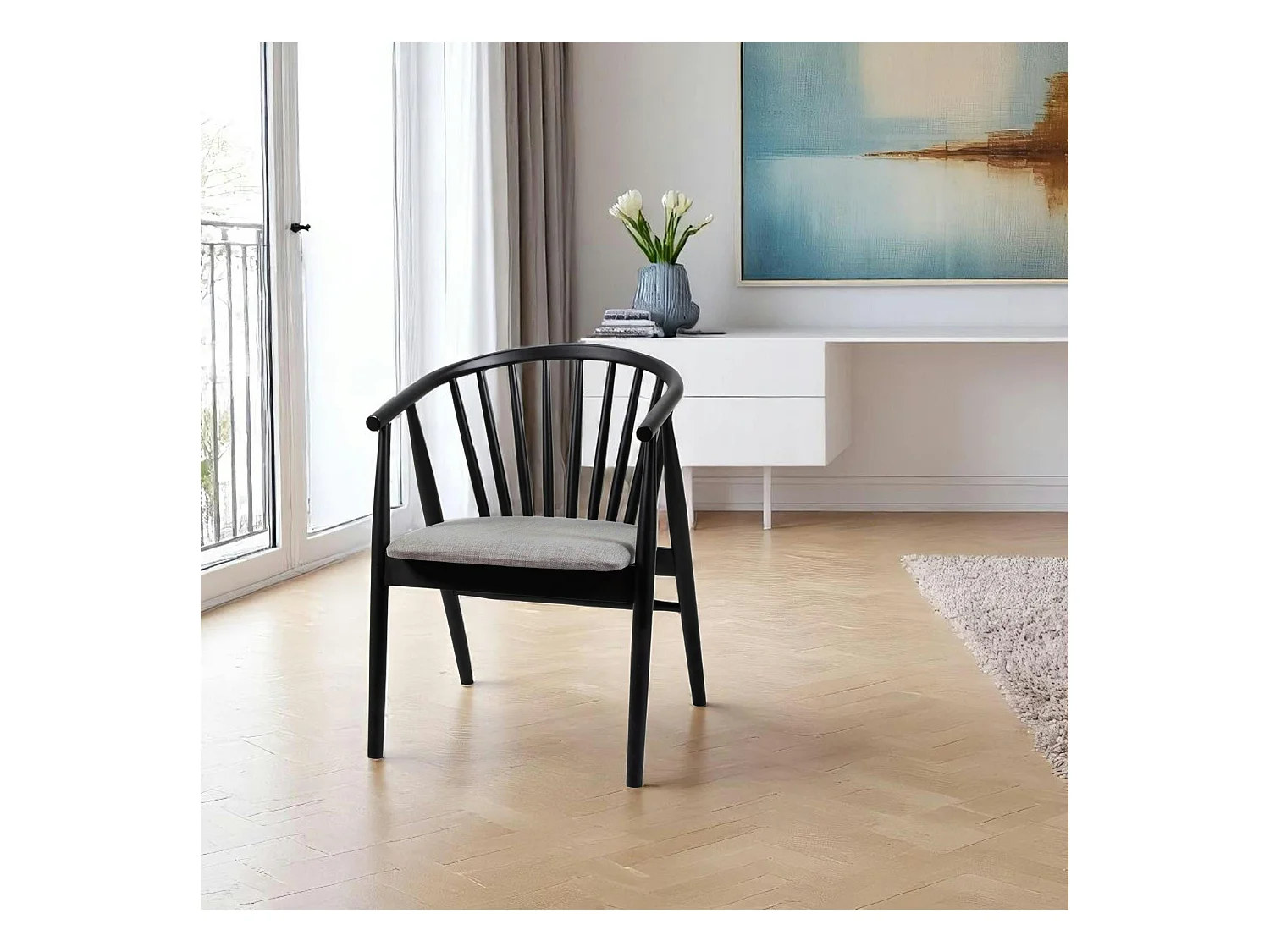 Chaise noire à barreaux - tissu gris TENA