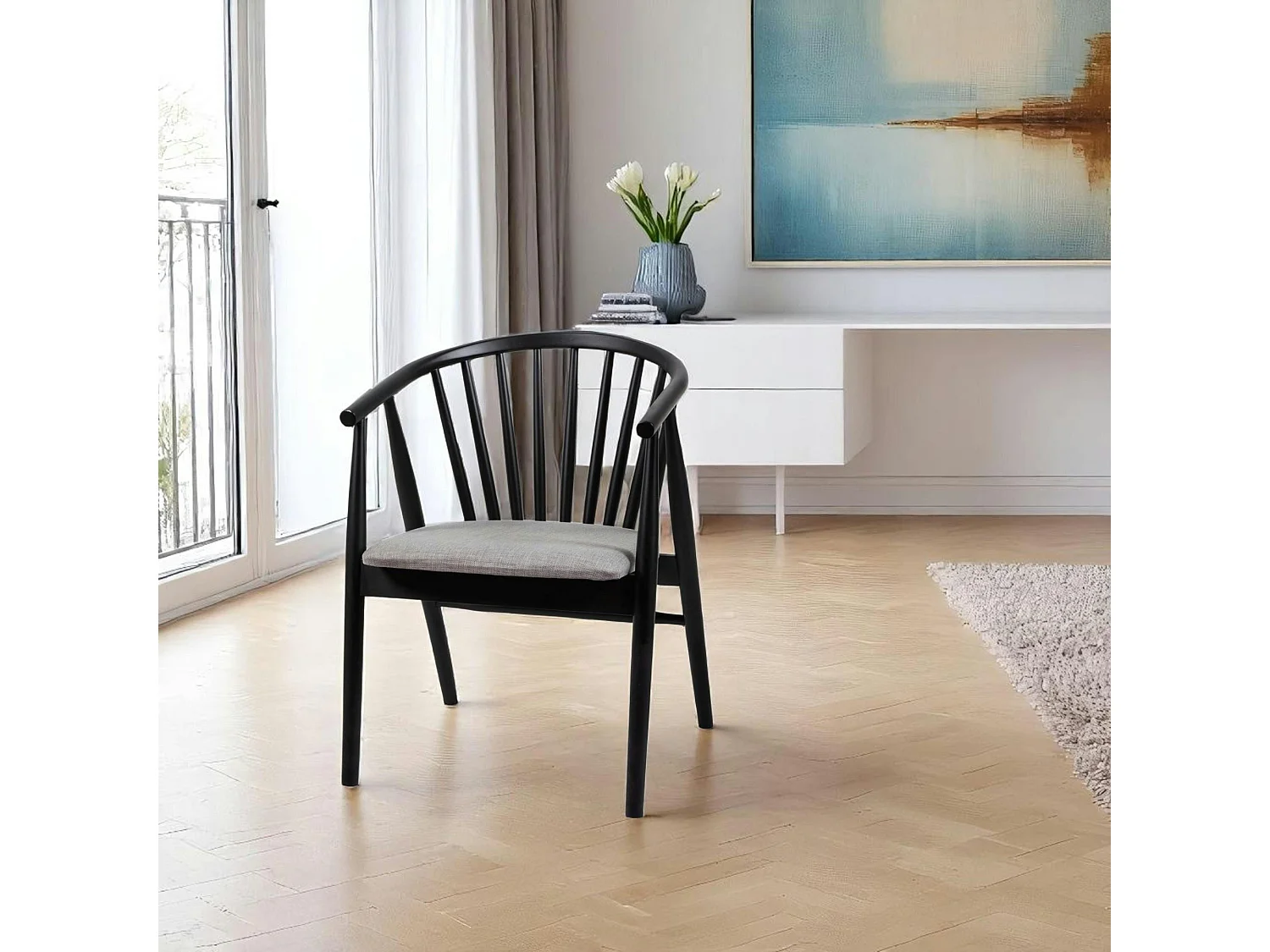 Chaise noire à barreaux - tissu gris TENA