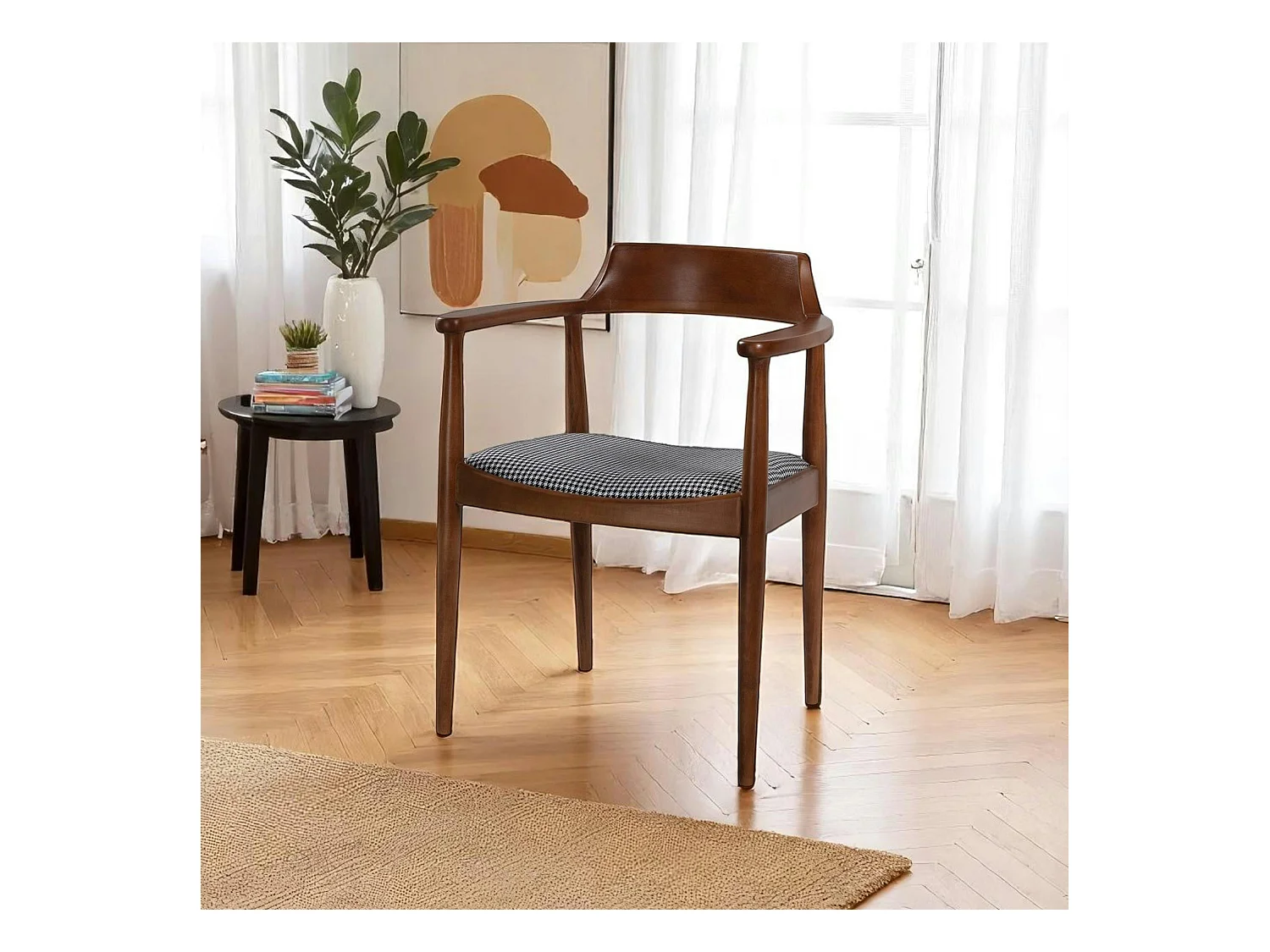 Chaise ronde avec accoudoirs - assise pied-de-poule TENA