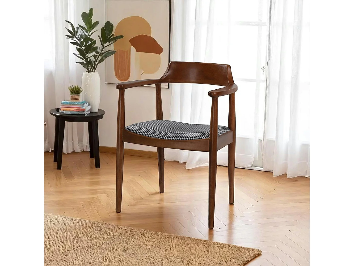 Chaise ronde avec accoudoirs - assise pied-de-poule TENA