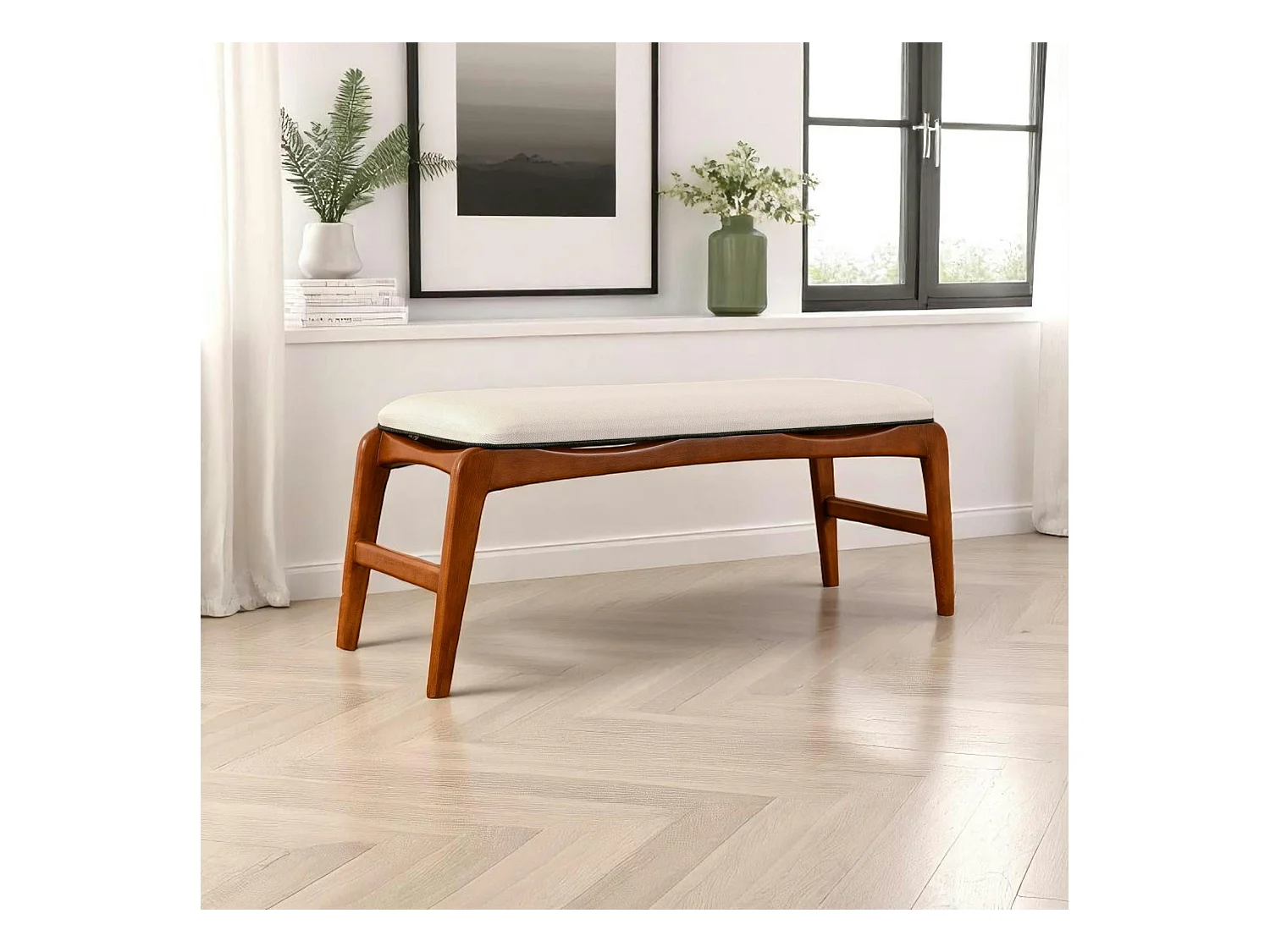 Banc d'entrée en bois et tissu - assise lin, 120 cm DILI