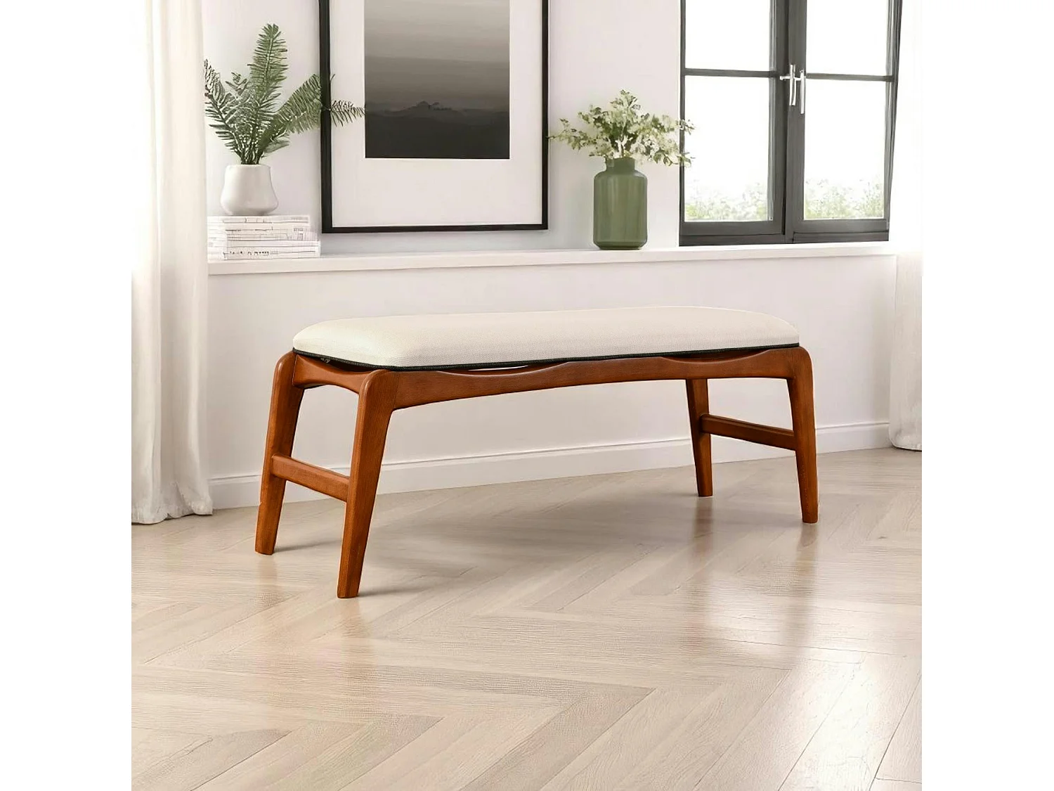 Banc d'entrée en bois et tissu - assise lin, 120 cm DILI