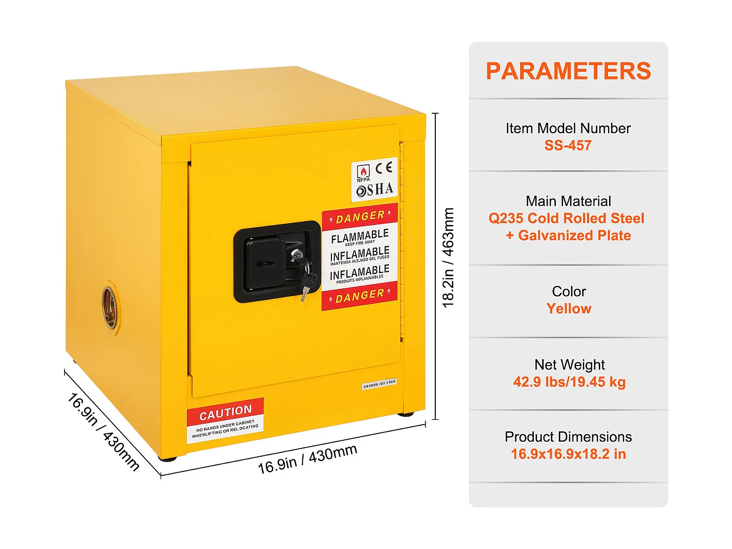 Veiligheidskast, SucceBuy Veiligheidskast voor Ontvlambare Vloeistoffen, 42 L (11 gallon), 43 × 43 × 46 cm