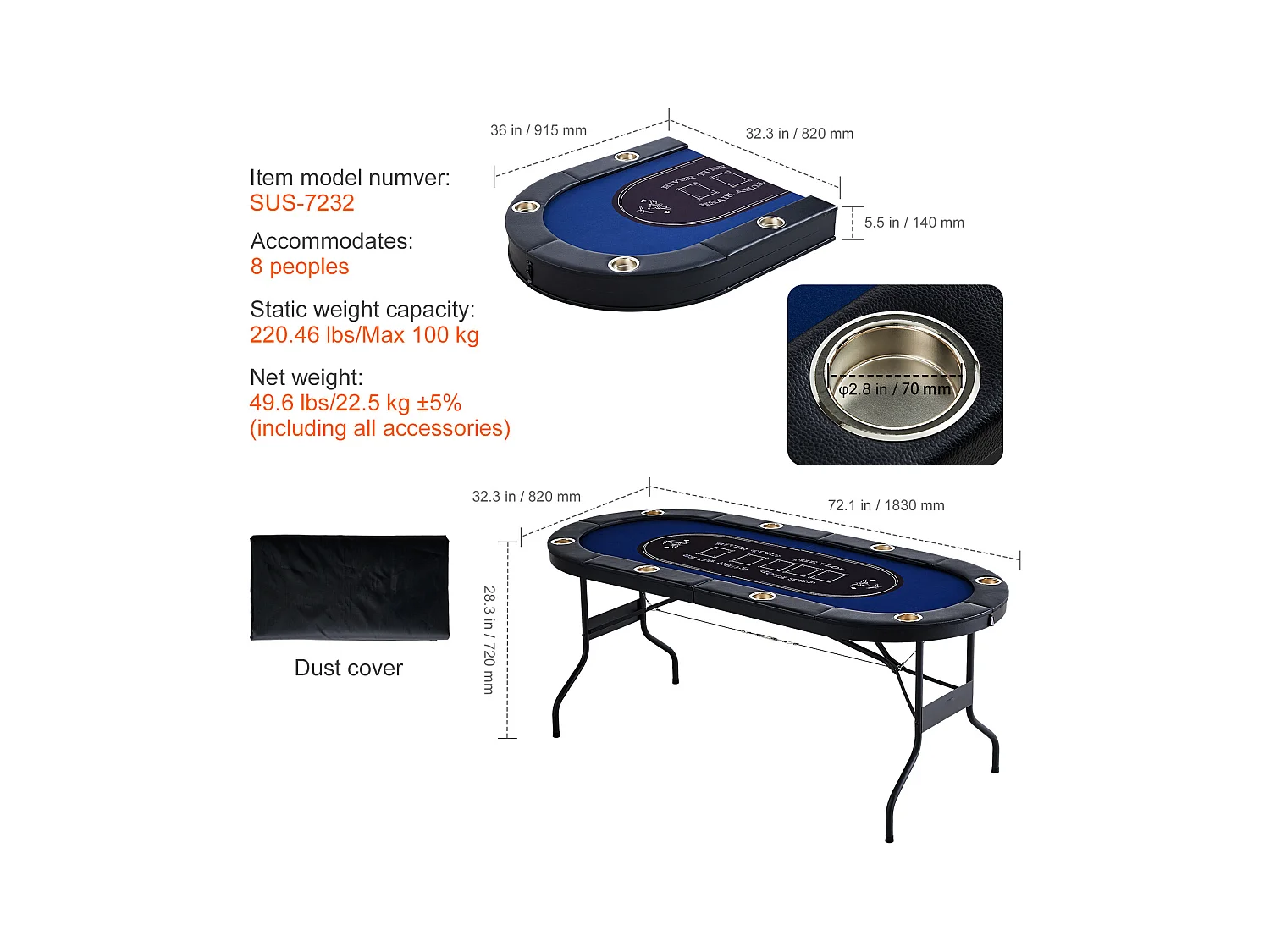 Table SucceBuy de Poker Pliable Ovale pour 8 Joueurs de 183cm, Blackjack de Casino et Texas Holdem