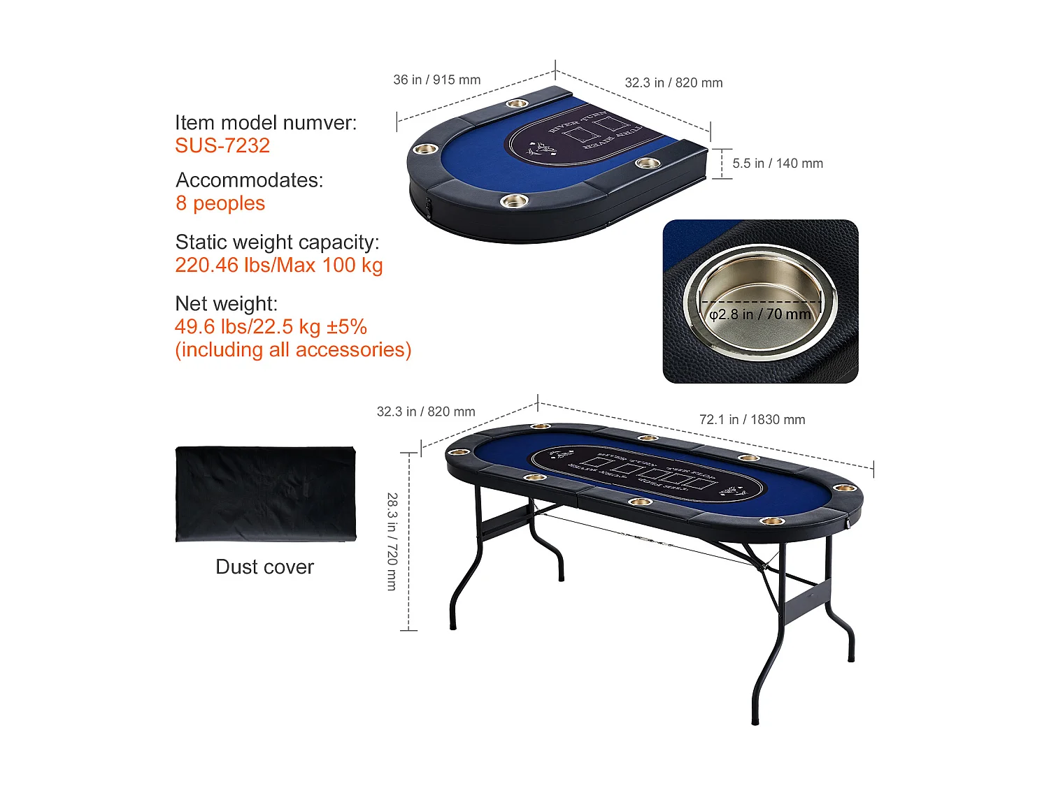 Table SucceBuy de Poker Pliable Ovale pour 8 Joueurs de 183cm, Blackjack de Casino et Texas Holdem