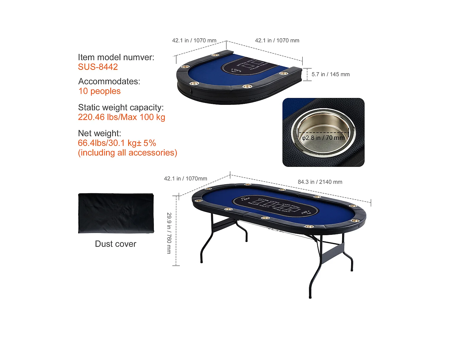 Table SucceBuy de Poker Pliable Ovale 10 Joueurs 213cm Casino Blackjack et Texas Holdem