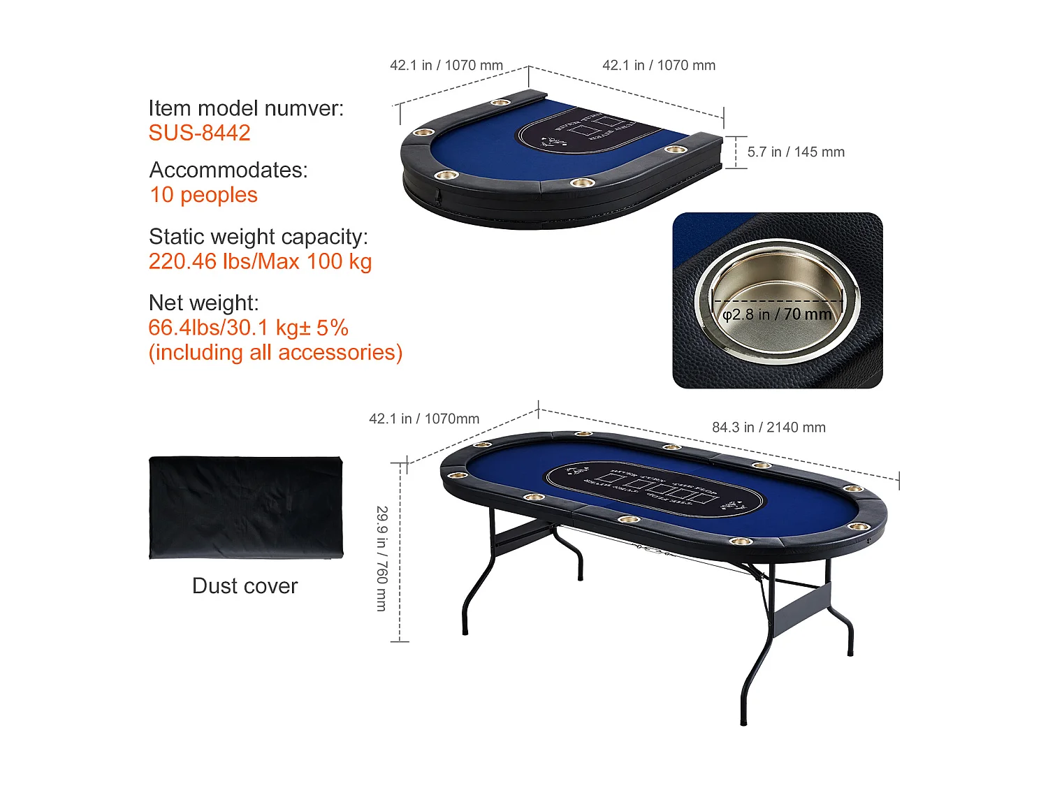 Table SucceBuy de Poker Pliable Ovale 10 Joueurs 213cm Casino Blackjack et Texas Holdem