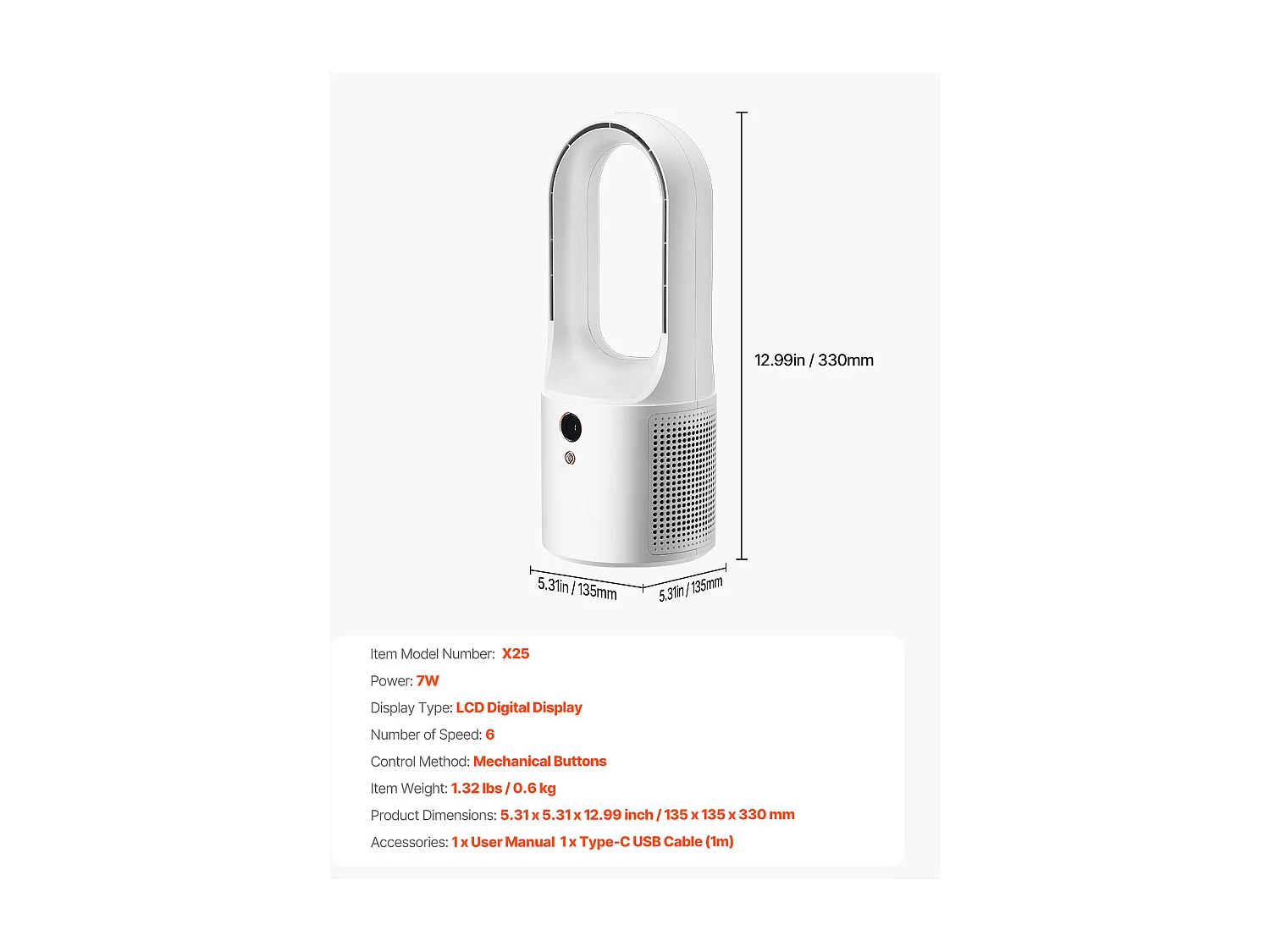 Ventilateur SucceBuy de Bureau Portable sans Pales 33cm, Ventilateur de Table Silencieux à 6 Vitesses pour Chambre et Bureau