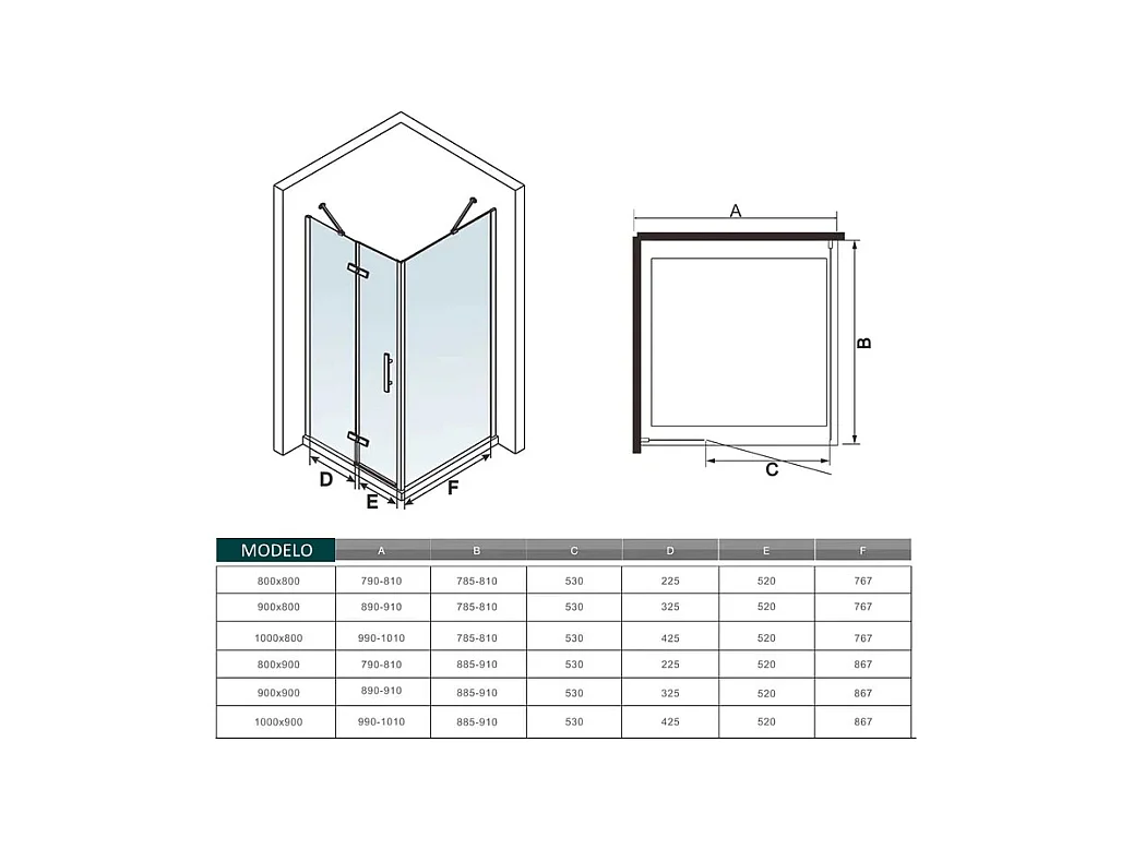 Porta de duche Bater e Painel lateral uma Barra 50cm Perfil cromado Vidro Anticalcário 6mm (790-810)x(745-770)x1900mm-AICA