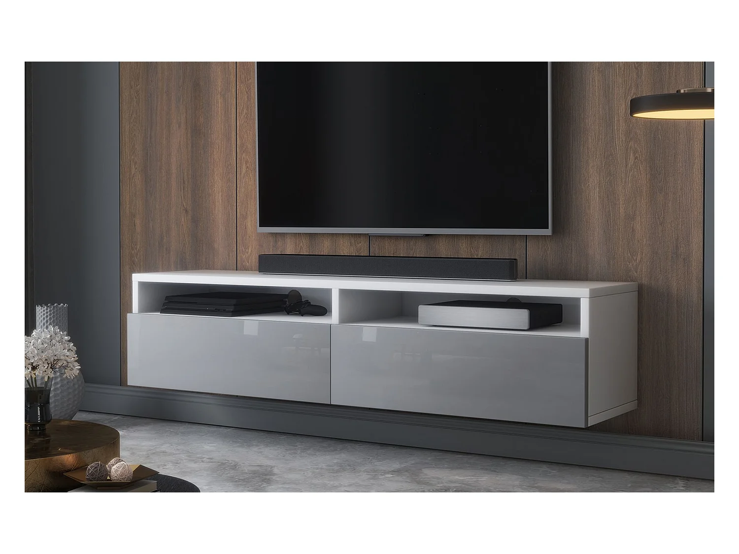 Meuble TV - 2 tiroirs - blanc mat/gris brillant - 140 cm - REDNAW