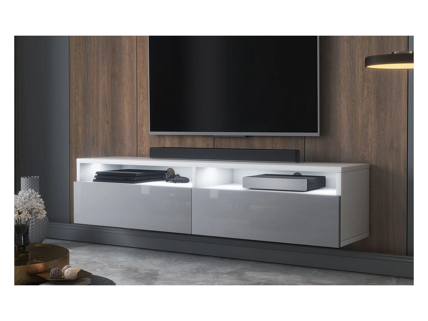 Meuble TV - 2 tiroirs - blanc mat/gris brillant LED - 140 cm - REDNAW