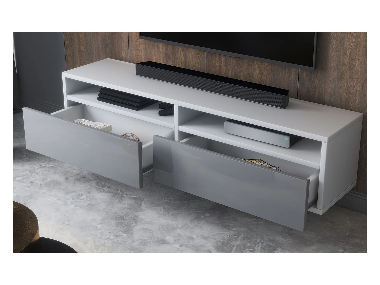 Meuble TV - 2 tiroirs - blanc mat/gris brillant LED - 140 cm - REDNAW