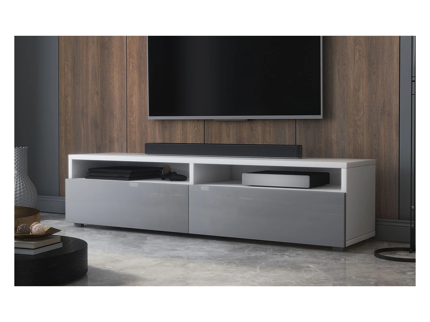 Meuble TV - 2 tiroirs - blanc mat/gris brillant LED - 140 cm - REDNAW