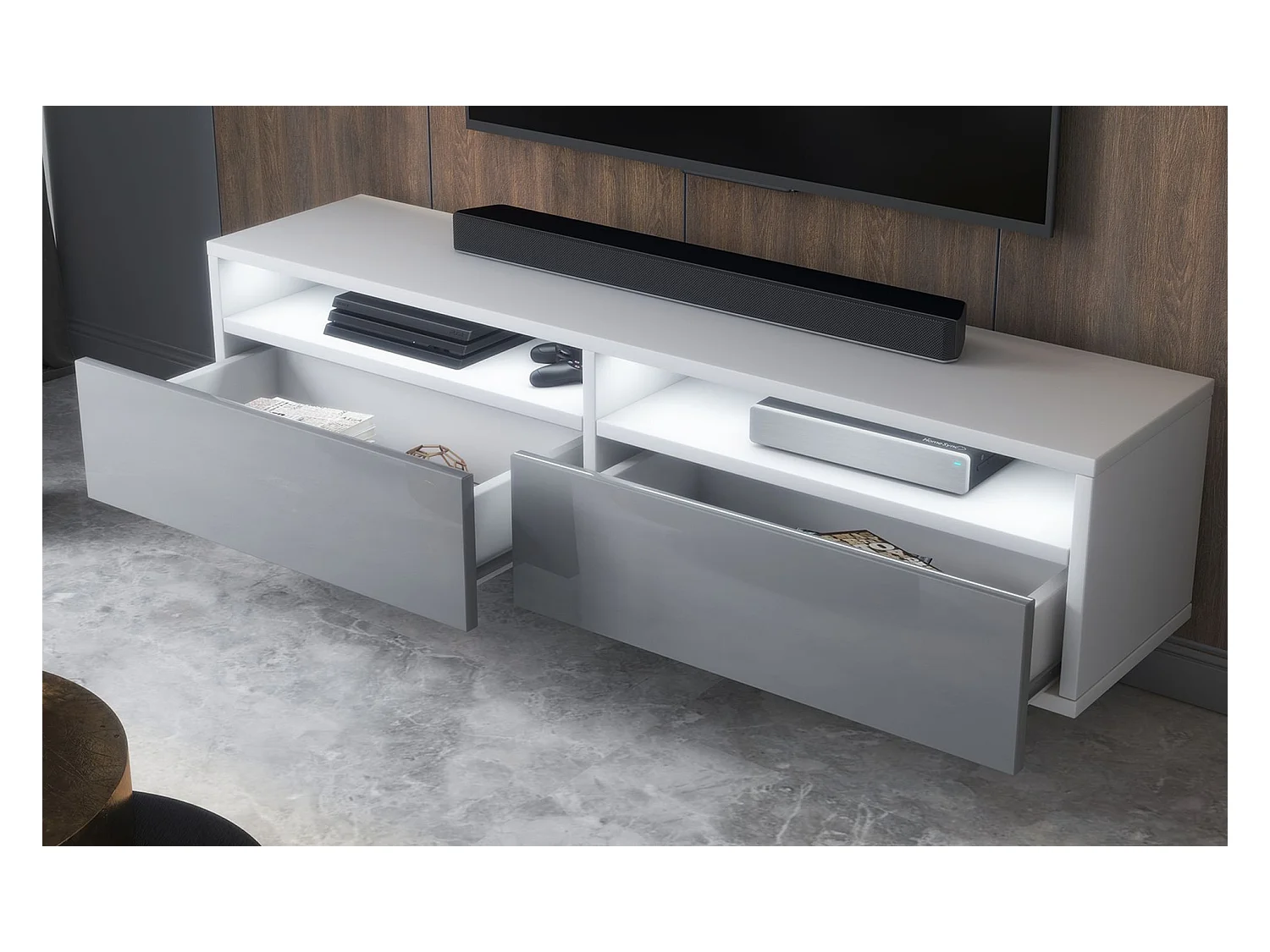 Meuble TV - 2 tiroirs - blanc mat/gris brillant LED - 140 cm - REDNAW