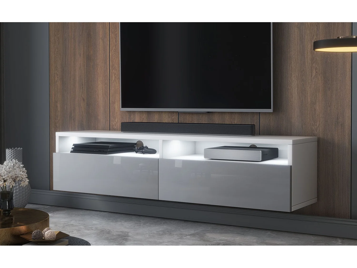 Meuble TV - 2 tiroirs - blanc mat/gris brillant LED - 140 cm - REDNAW