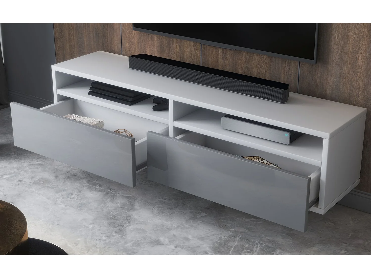 Meuble TV - 2 tiroirs - blanc mat/gris brillant LED - 140 cm - REDNAW