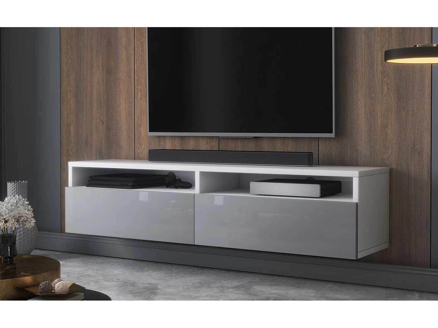 TV-Schrank 2 Schubladen - Mattweiß/Hochglanz Grau LED - 140 cm - REDNAW