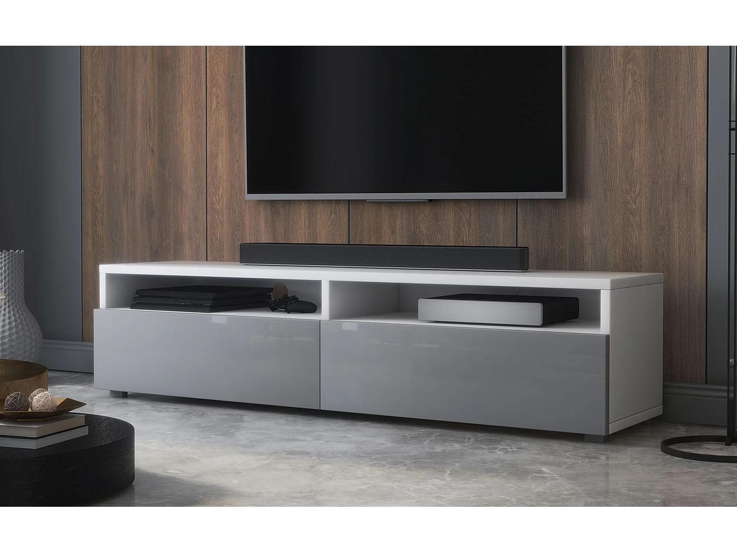 TV-Schrank 2 Schubladen - Mattweiß/Hochglanz Grau LED - 140 cm - REDNAW