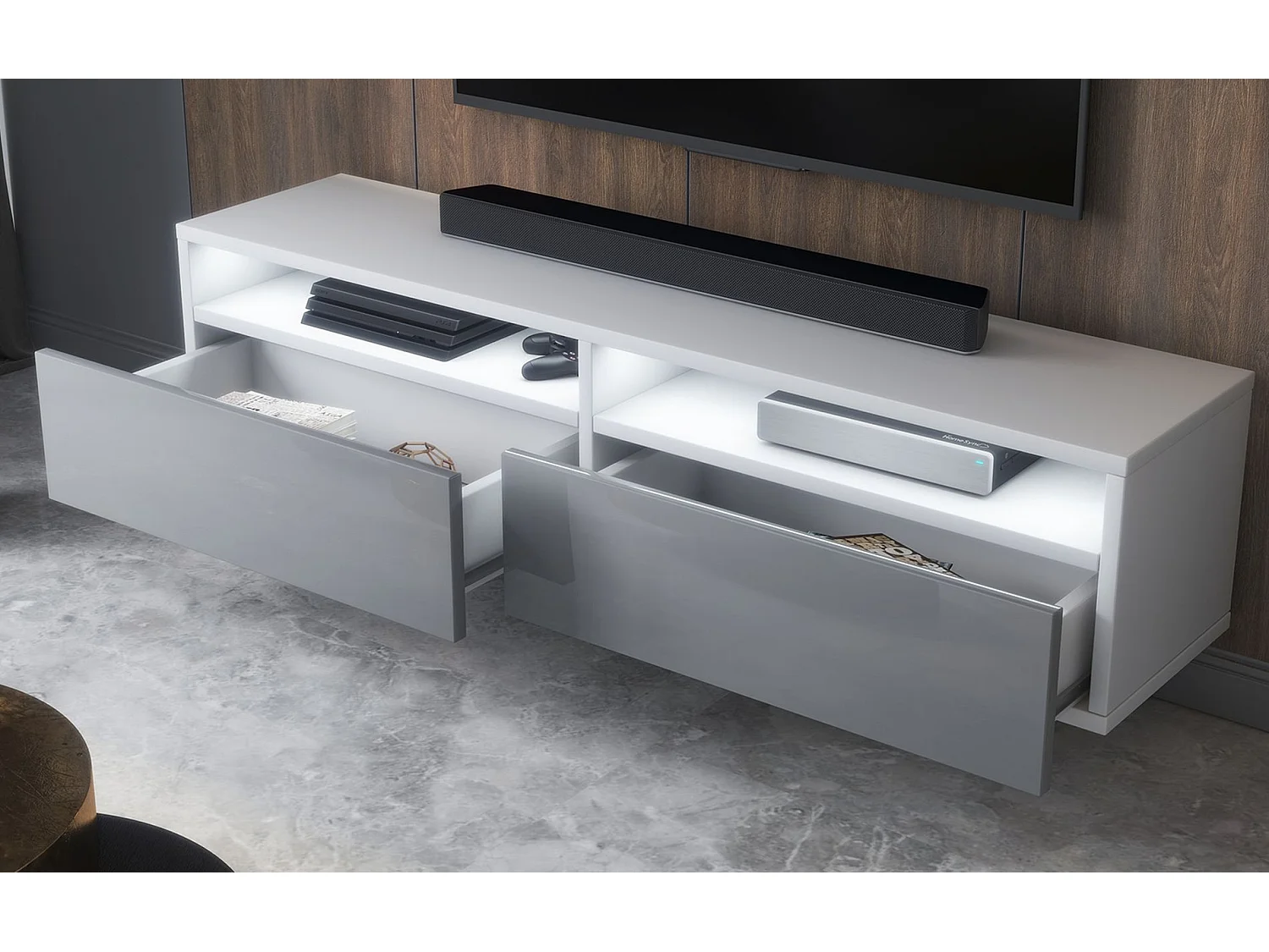 TV-Schrank 2 Schubladen - Mattweiß/Hochglanz Grau LED - 140 cm - REDNAW