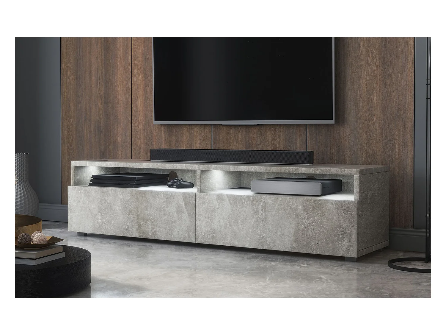 Meuble TV - 2 tiroirs - aspect béton LED - 140 cm - REDNAW