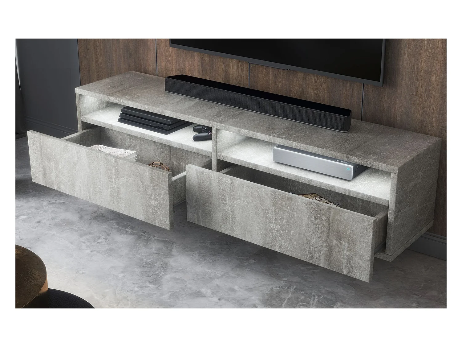 Meuble TV - 2 tiroirs - aspect béton LED - 140 cm - REDNAW