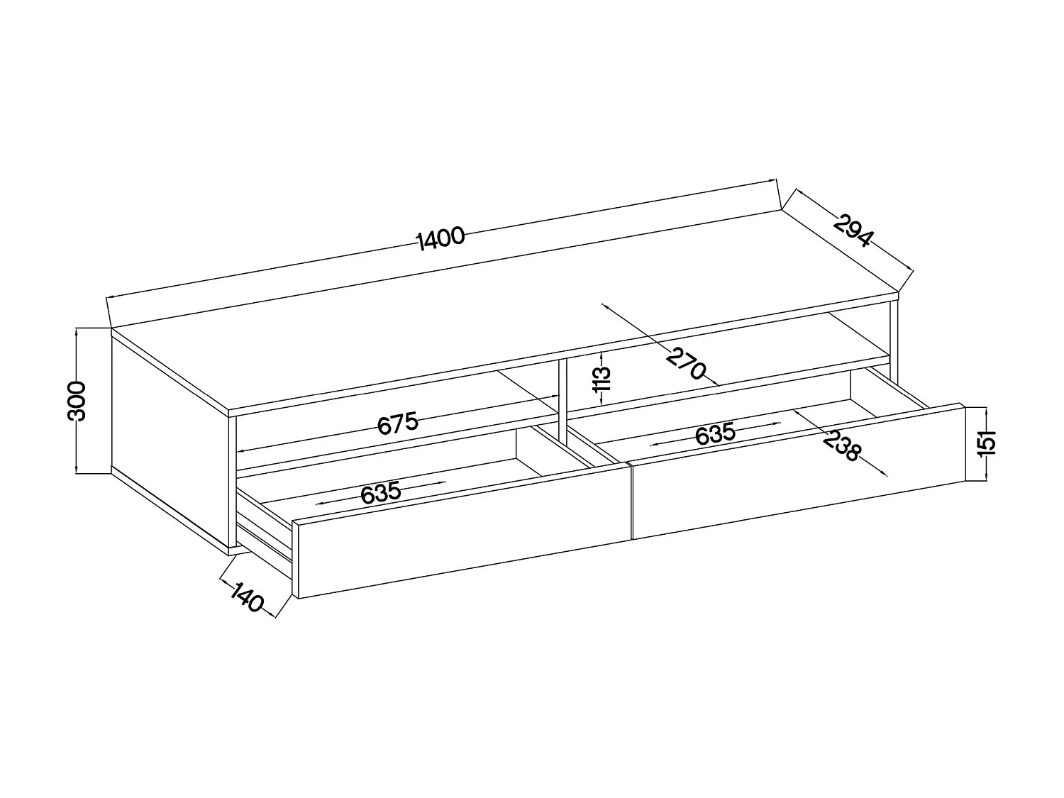 Meuble TV - 2 tiroirs - aspect béton LED - 140 cm - REDNAW