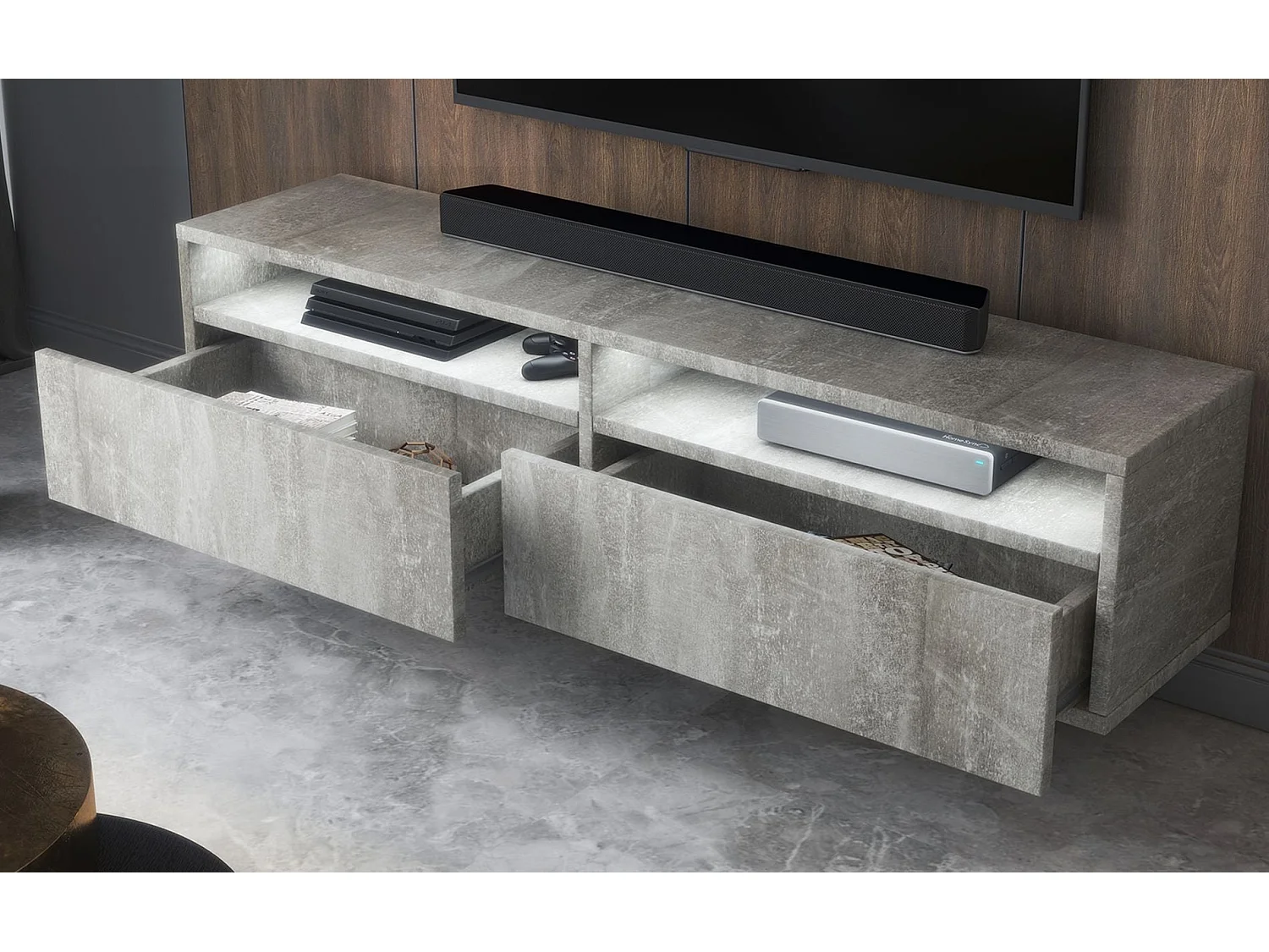 Meuble TV - 2 tiroirs - aspect béton LED - 140 cm - REDNAW