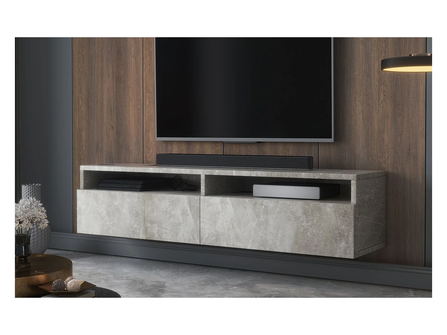 Meuble TV - 2 tiroirs - aspect béton - 140 cm - REDNAW