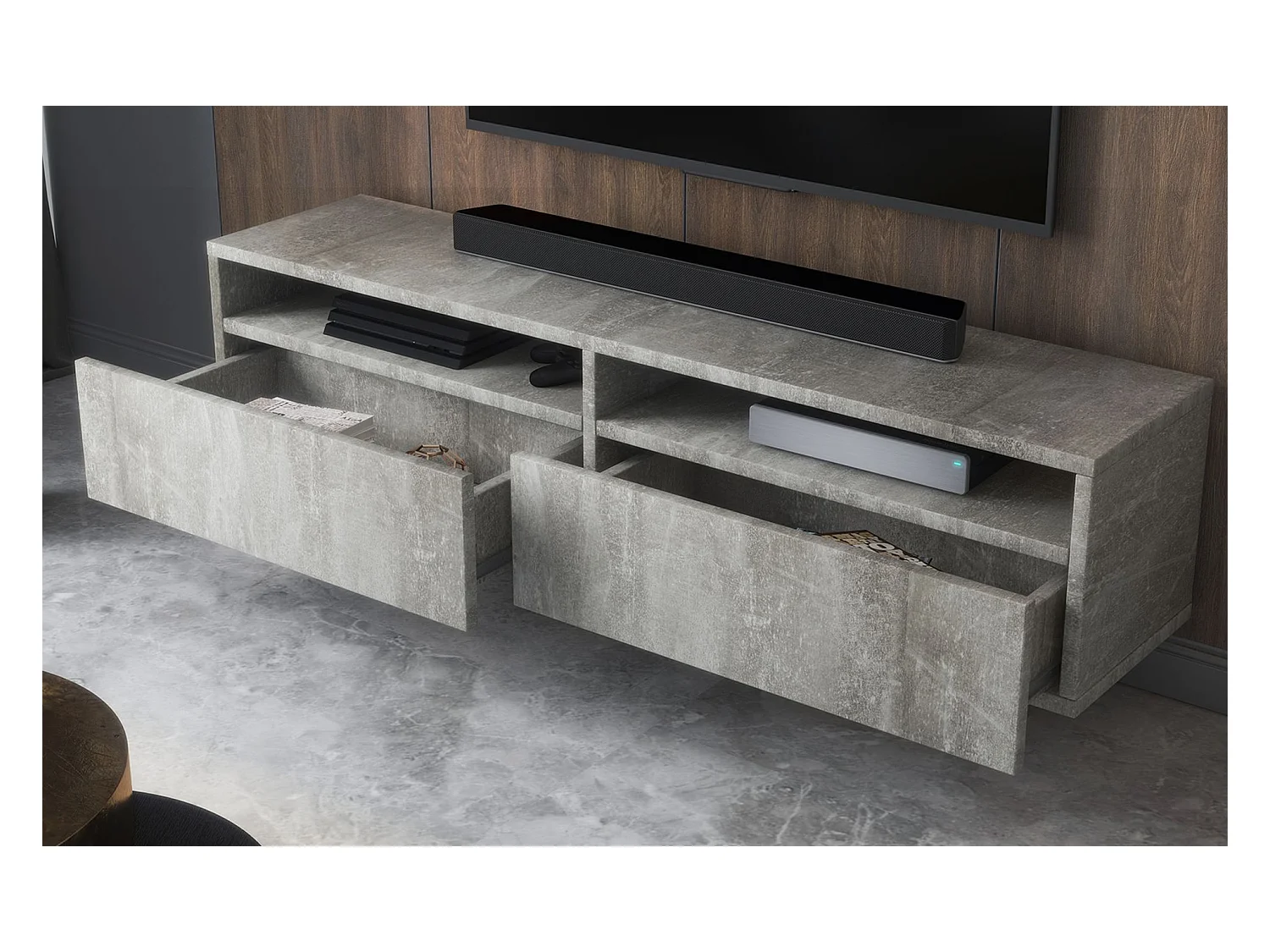 Meuble TV - 2 tiroirs - aspect béton - 140 cm - REDNAW