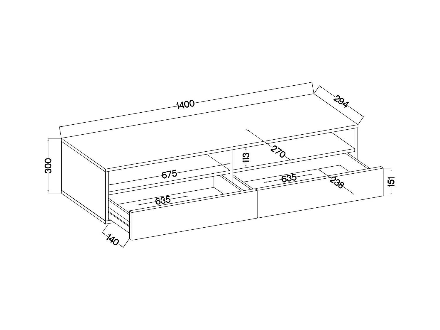 Meuble TV - 2 tiroirs - aspect béton - 140 cm - REDNAW