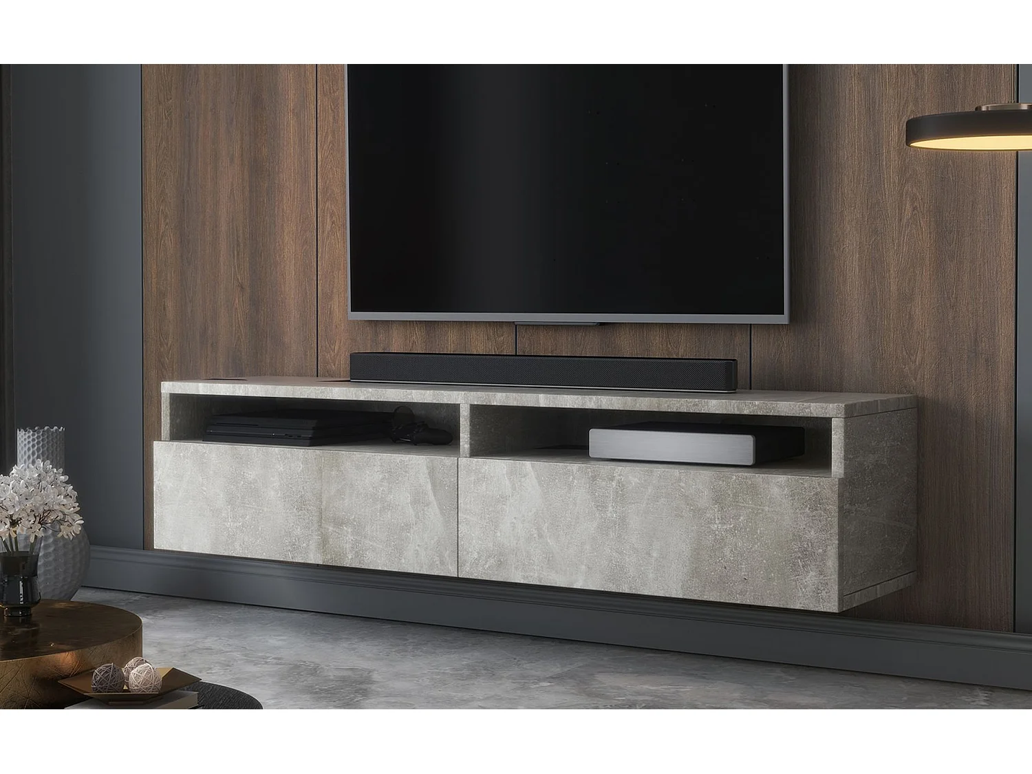 Meuble TV - 2 tiroirs - aspect béton - 140 cm - REDNAW