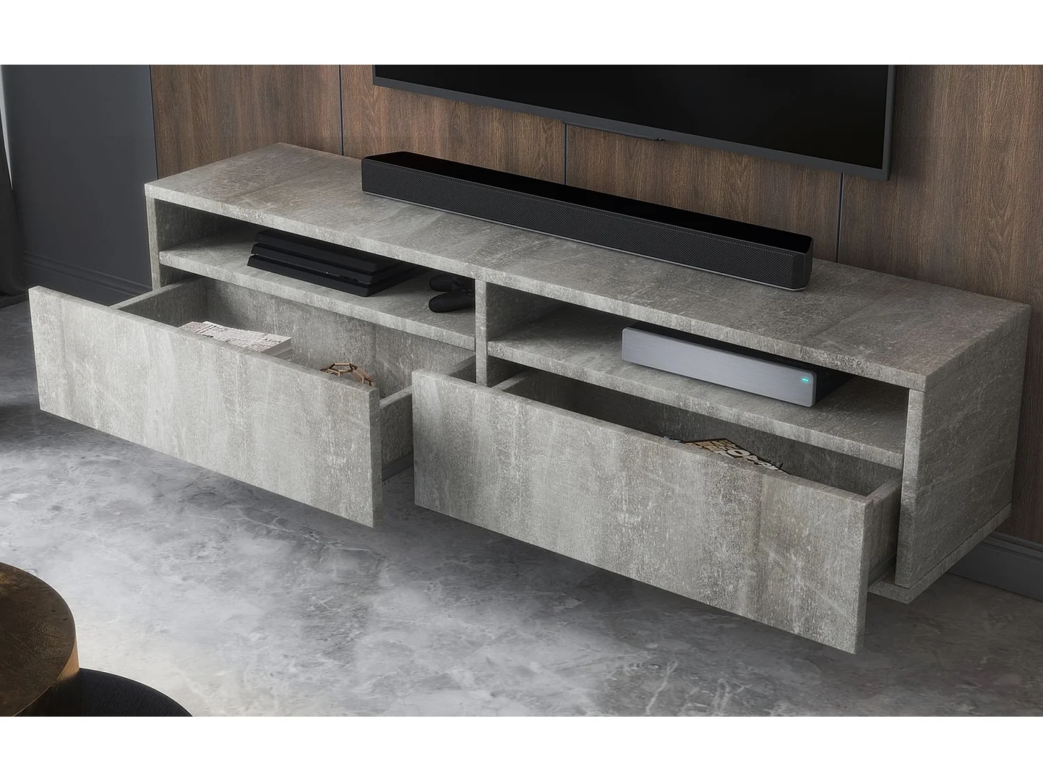 Meuble TV - 2 tiroirs - aspect béton - 140 cm - REDNAW