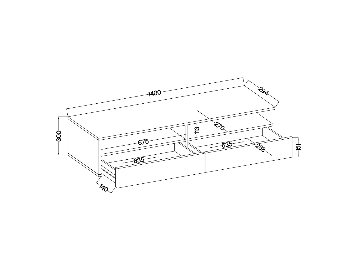 Meuble TV - 2 tiroirs - aspect béton - 140 cm - REDNAW