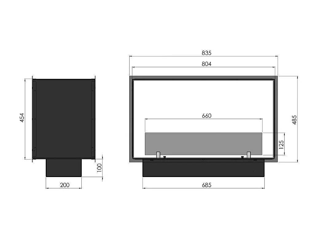 Cheminée bioéthanol 2Side 800 Slim encastrable à deux façades - Noir mat, avec vitre, brûleur 1 L, design moderne