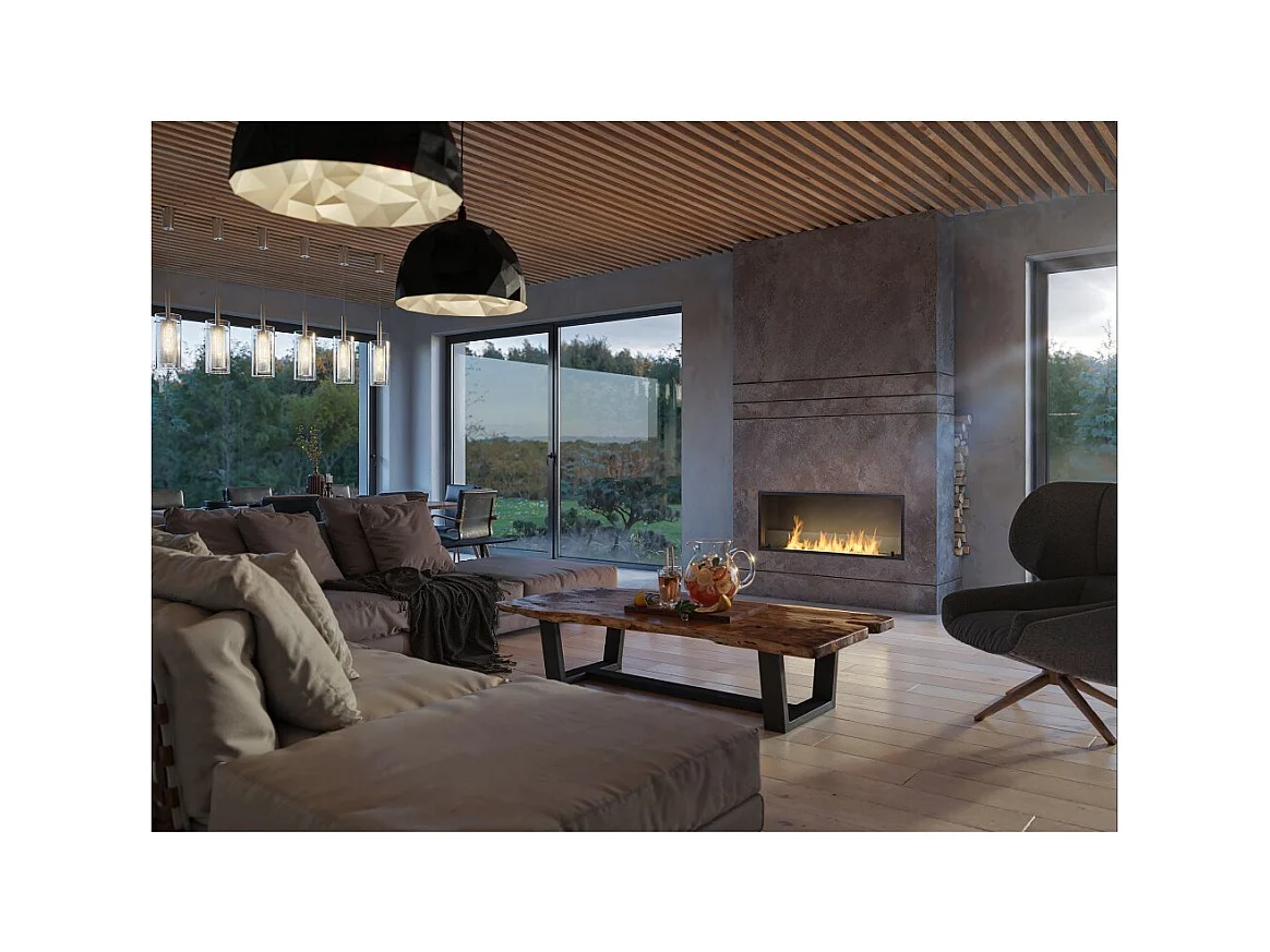 Cheminée bioéthanol encastrable Inside Black 1200 - Noir mat, avec vitre, brûleur 4 L, design moderne