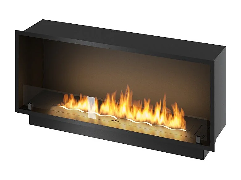 Cheminée bioéthanol encastrable Inside Black 1200 - Noir mat, avec vitre, brûleur 4 L, design moderne