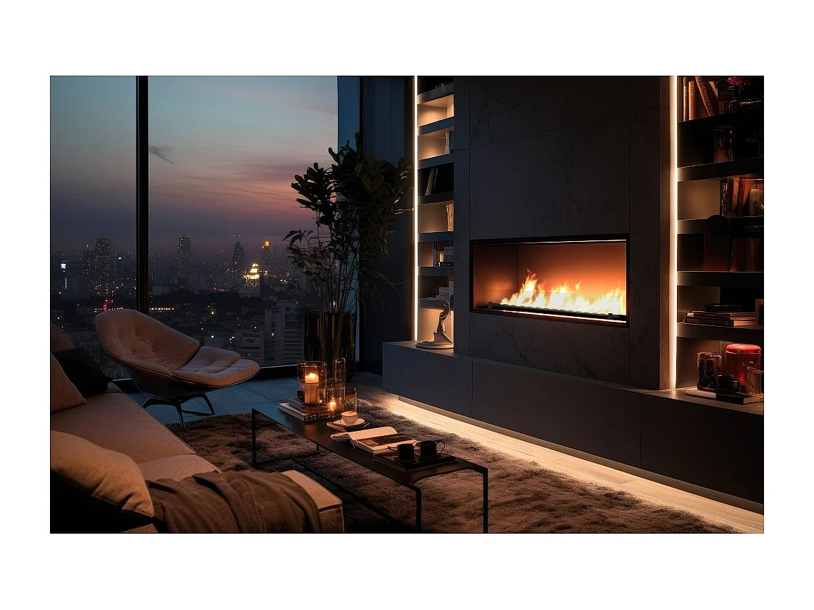 Cheminée bioéthanol encastrable Inside Black 1200 - Noir mat, avec vitre, brûleur 4 L, design moderne