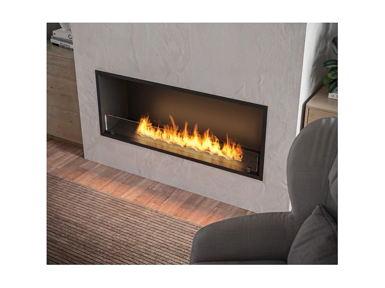 Cheminée bioéthanol encastrable Inside Black 1200 - Noir mat, avec vitre, brûleur 4 L, design moderne