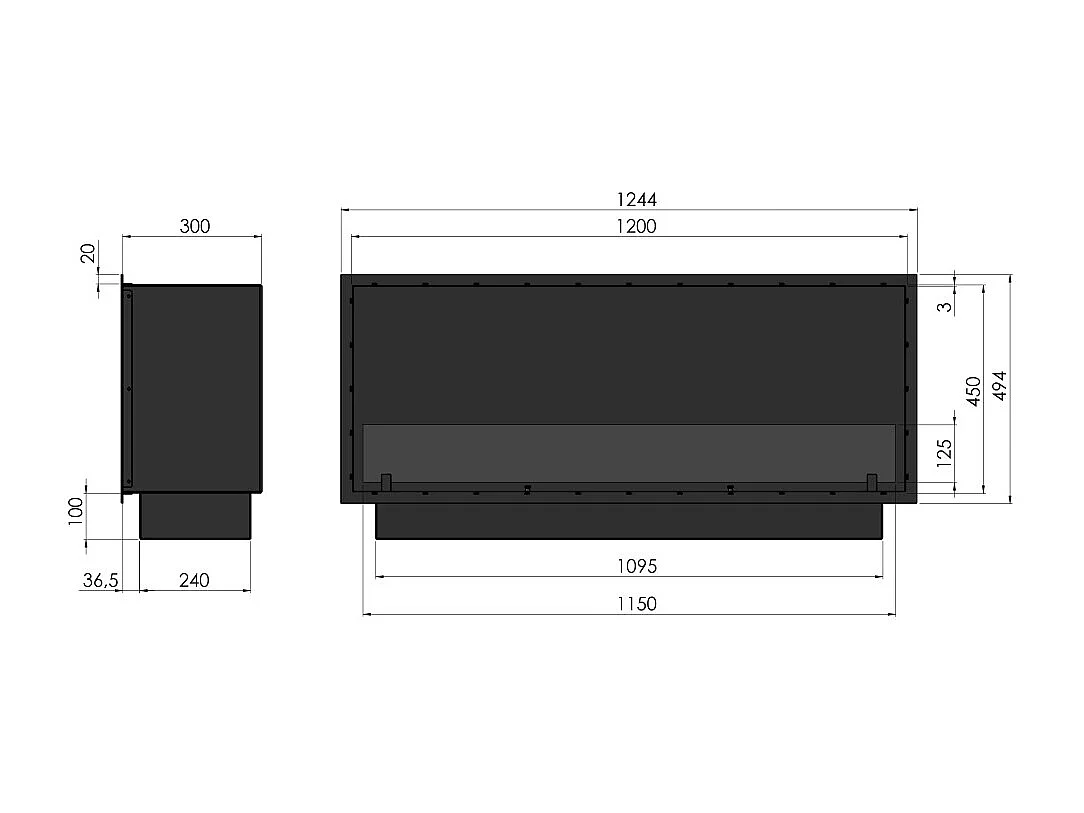 Cheminée bioéthanol encastrable Inside Black 1200 - Noir mat, avec vitre, brûleur 4 L, design moderne