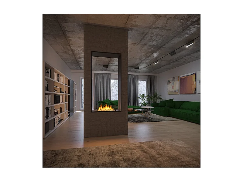 Chimenea de bioetanol 2Side 1600 Slim Vert empotrada con dos fachadas - Negro mate, con cristal, quemador de 1,2 l, diseño moderno