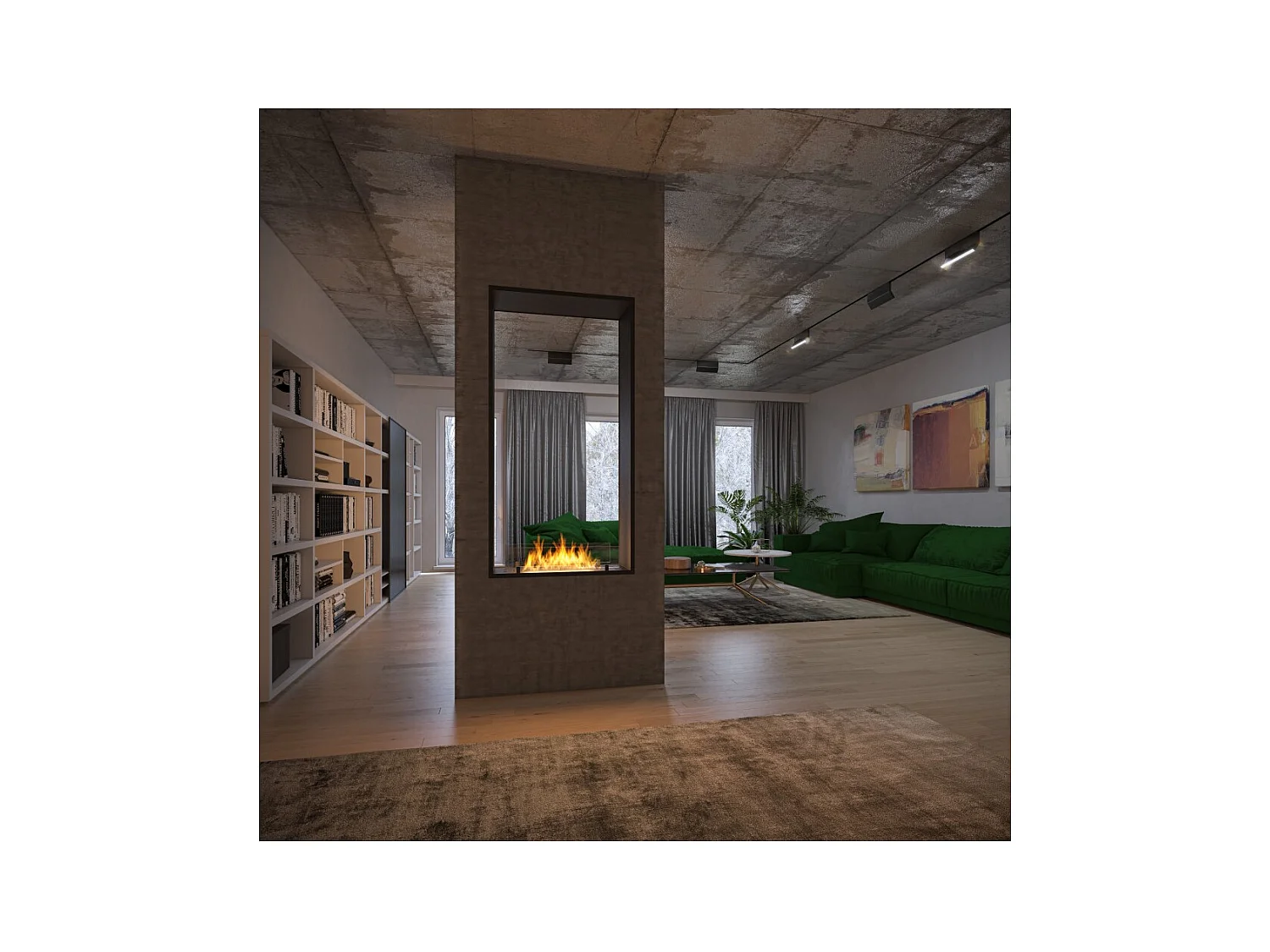 Cheminée bioéthanol 2Side 1600 Slim Vert encastrable à deux façades - Noir mat, avec vitre, brûleur 1,2 L, design moderne