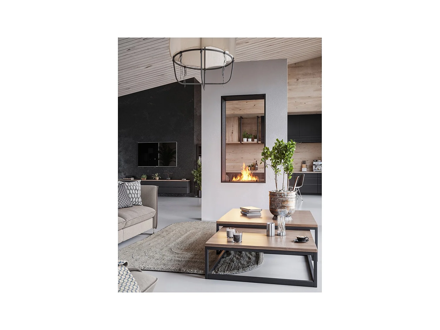 Cheminée bioéthanol 2Side 1600 Slim Vert encastrable à deux façades - Noir mat, avec vitre, brûleur 1,2 L, design moderne